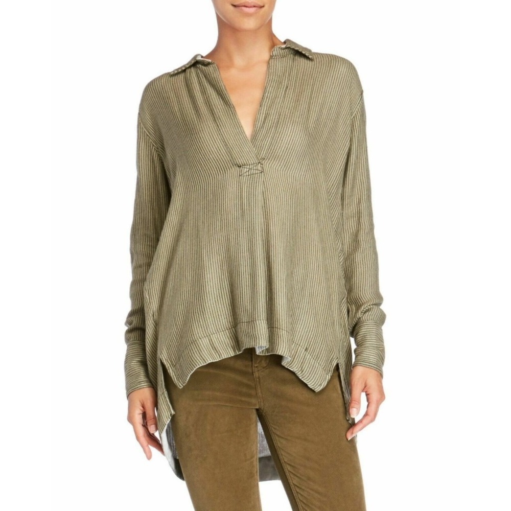 Free People Olive Green Striped On the Road High Low Slit Shirt Tunic Top Medium